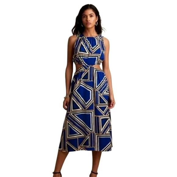 Banana Republic Cut Out Midi Dress Medium Lazuli Blue Sleeveless Geo Print Mod - Picture 1 of 16